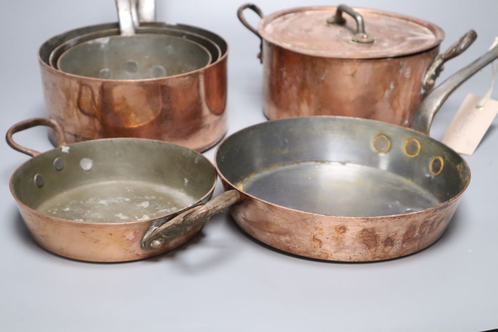 Three copper saucepans and three other copper cooking utensils